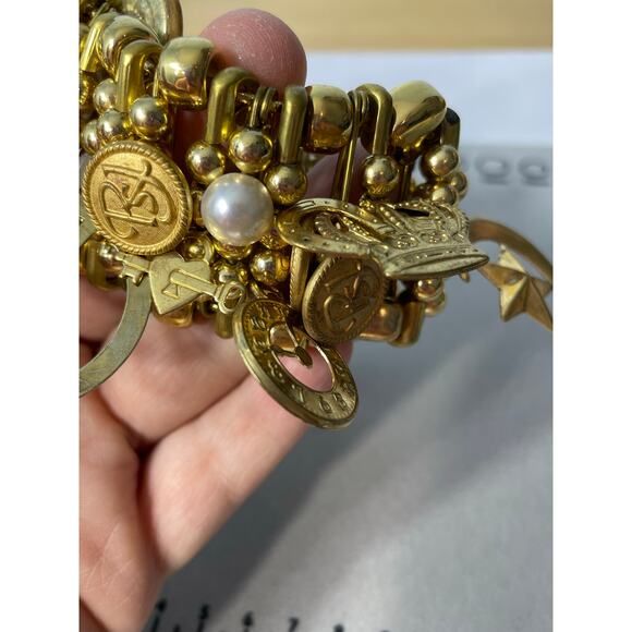 VTG 90s Safety Pin Charm Bracelet RSJ Gold Tone Peace Sign Y2K Bling Festival - Picture 6 of 6